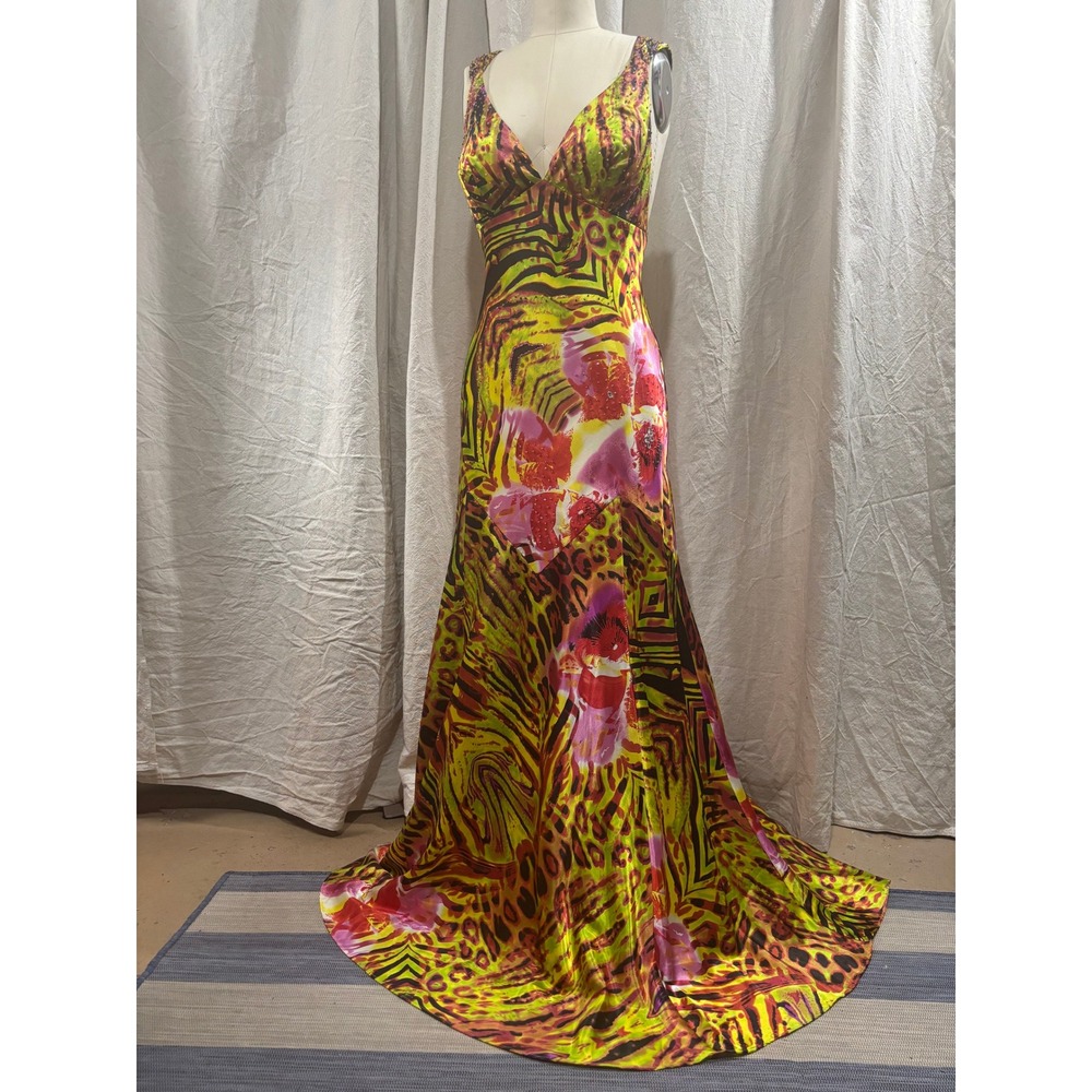 Niki Livas Beaded Animal Pink Floral Print Gown V Neck Strappy Maxi Dress 10